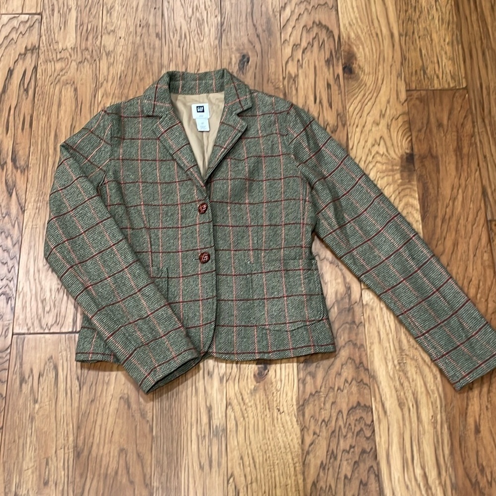 Gap NWOT green orange and maroon PLAID tweed wool blend 2-Button BLAZER size 10